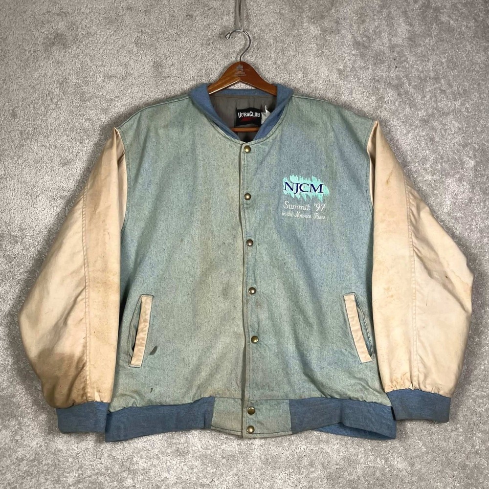 Vintage NJCM Summit 97 Varsity Jacket Mens XL Denim Two Tone Blue 90s Retro